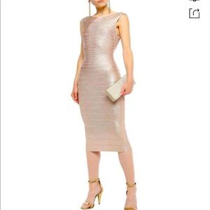 NEW HERVE LEGER rose gold bandage dress metallic